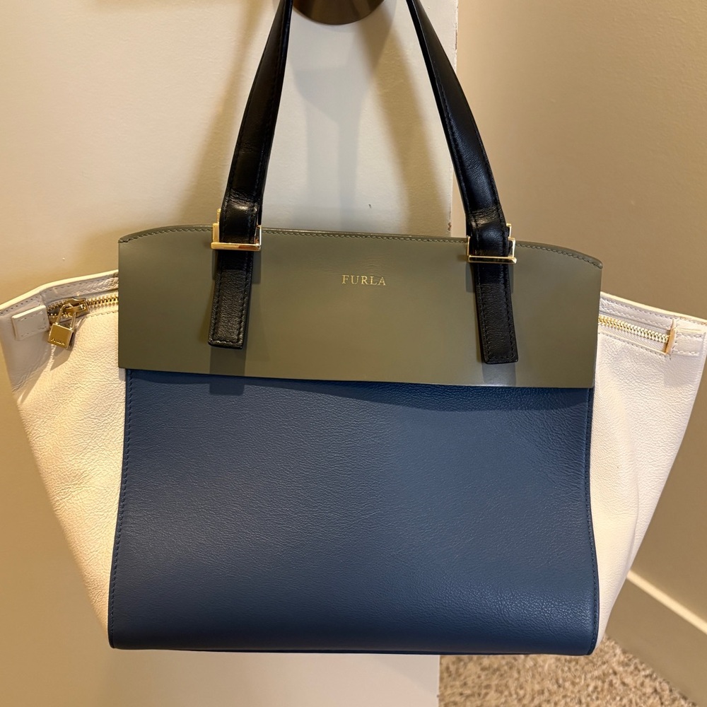 Furla Tri-Color Leather Tote in Navy, Olive, Black & White